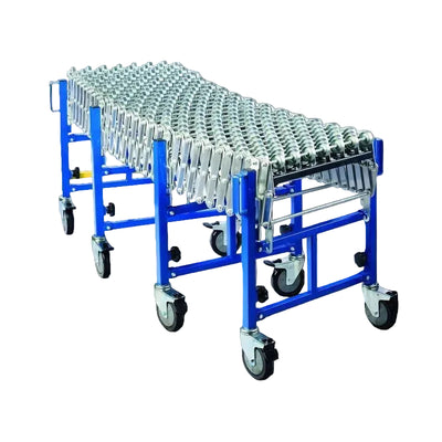 Blue flexible roller conveyor with metal rollers, adjustable legs, and swivel casters for mobility and shape adjustment.