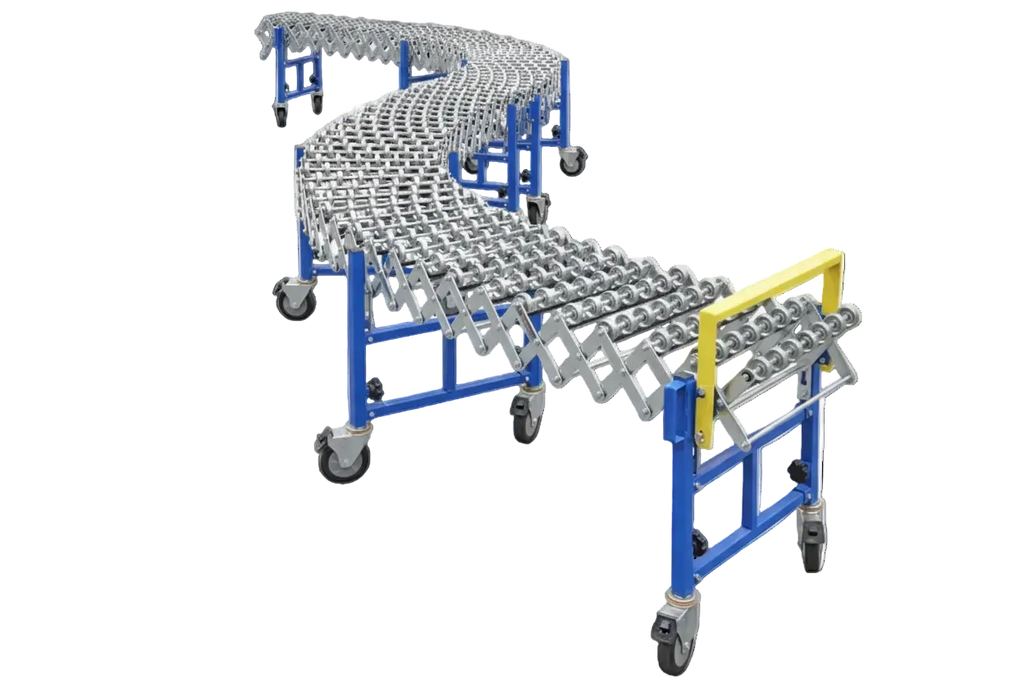 Flexible blue metal conveyor with rollers and adjustable sections on wheels.