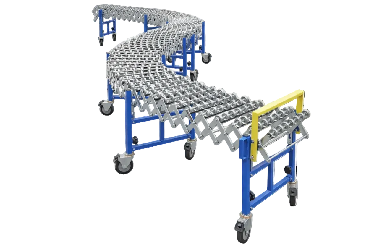 Flexible blue metal conveyor with rollers and adjustable sections on wheels.