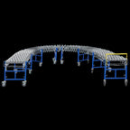 Curved blue metal conveyor, 600mm wide, with rollers and adjustable sections on wheels.
