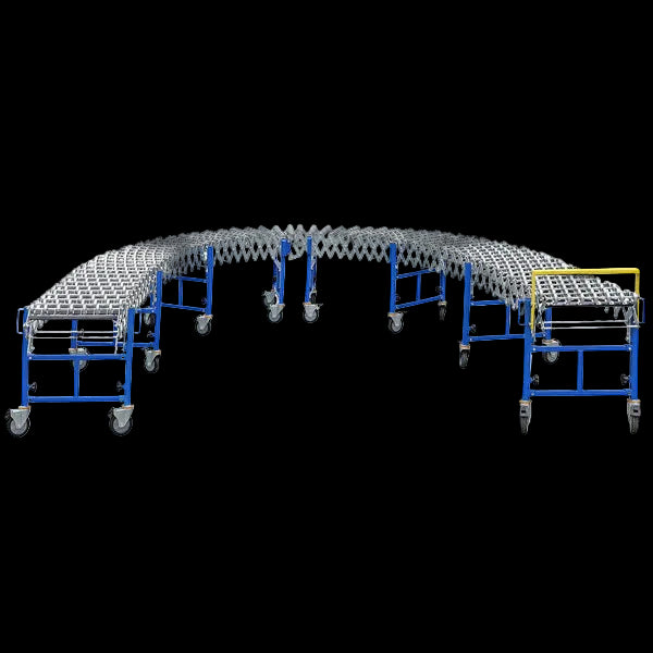 Curved blue metal conveyor, 600mm wide, with rollers and adjustable sections on wheels.