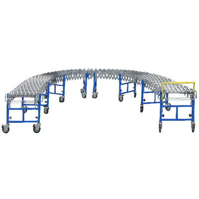 Curved blue metal conveyor, 600mm wide, with rollers and adjustable sections on wheels.