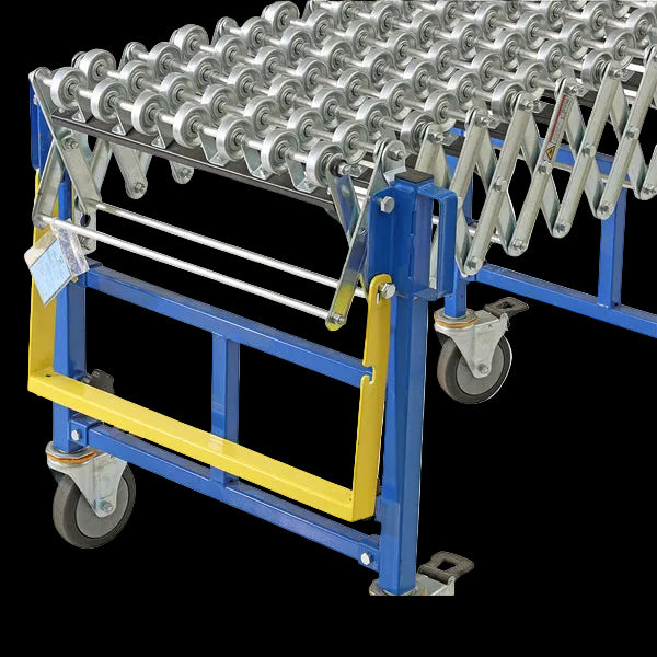Blue flexible roller conveyor with metal rollers, yellow safety bar, and swivel casters for mobility and adjustable shape.