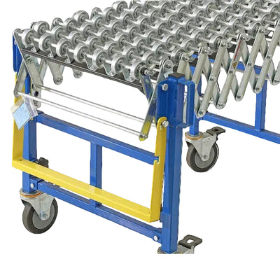 Blue flexible roller conveyor with metal rollers, yellow safety bar, and swivel casters for mobility and adjustable shape.