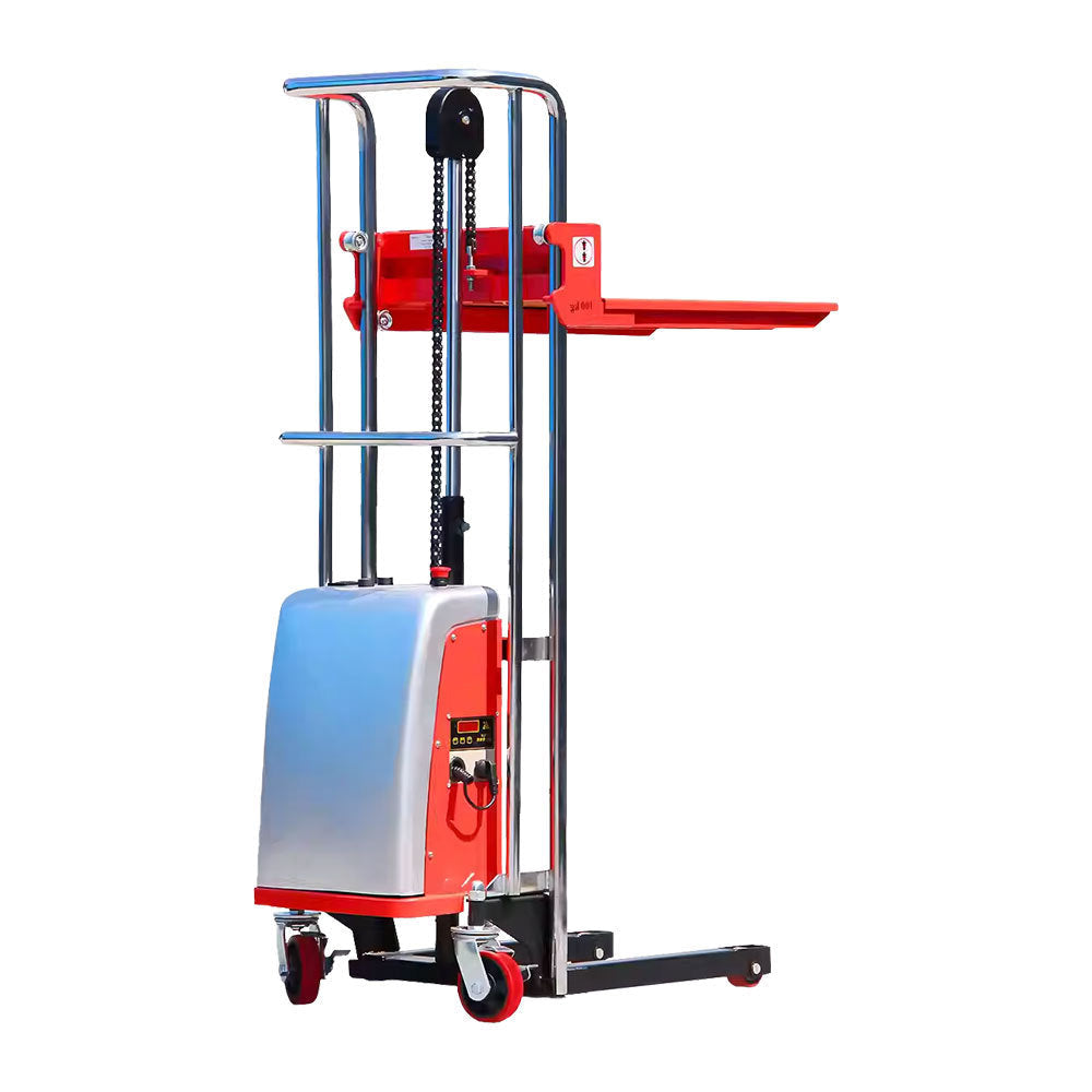 Electric pallet stacker with a metal frame, red accents, and wheels, designed for lifting and transporting heavy loads.