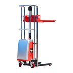 Electric pallet stacker with a metal frame, red accents, and wheels, designed for lifting and transporting heavy loads.