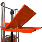 An orange hydraulic lifting platform with an open tray, showcasing its chain mechanism and sturdy metal frame.