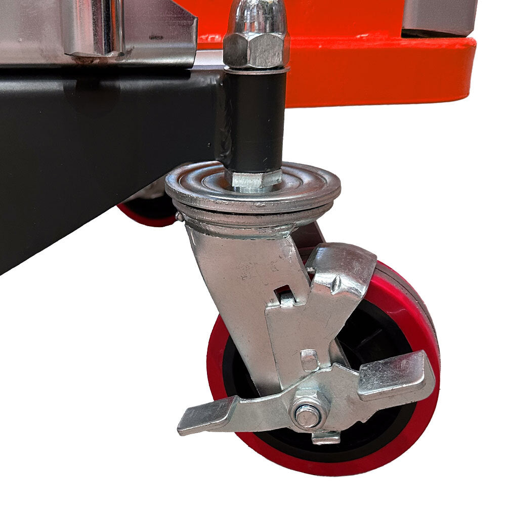 Close-up of a durable caster wheel with a metallic frame and red rubber wheel, showing a locking mechanism for stability.