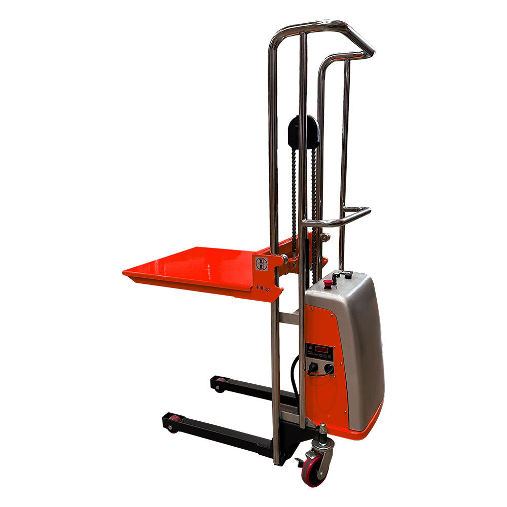An electric platform stacker with an orange platform, metal frame, and control panel, designed for lifting and transporting heavy loads.