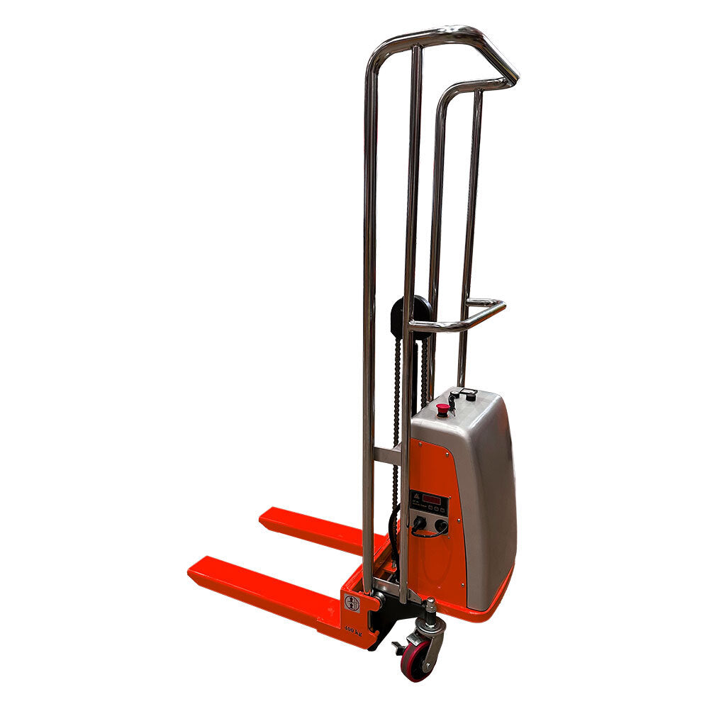 Electric platform stacker with bright orange forks, metallic body, and operator controls, designed for efficient material handling.