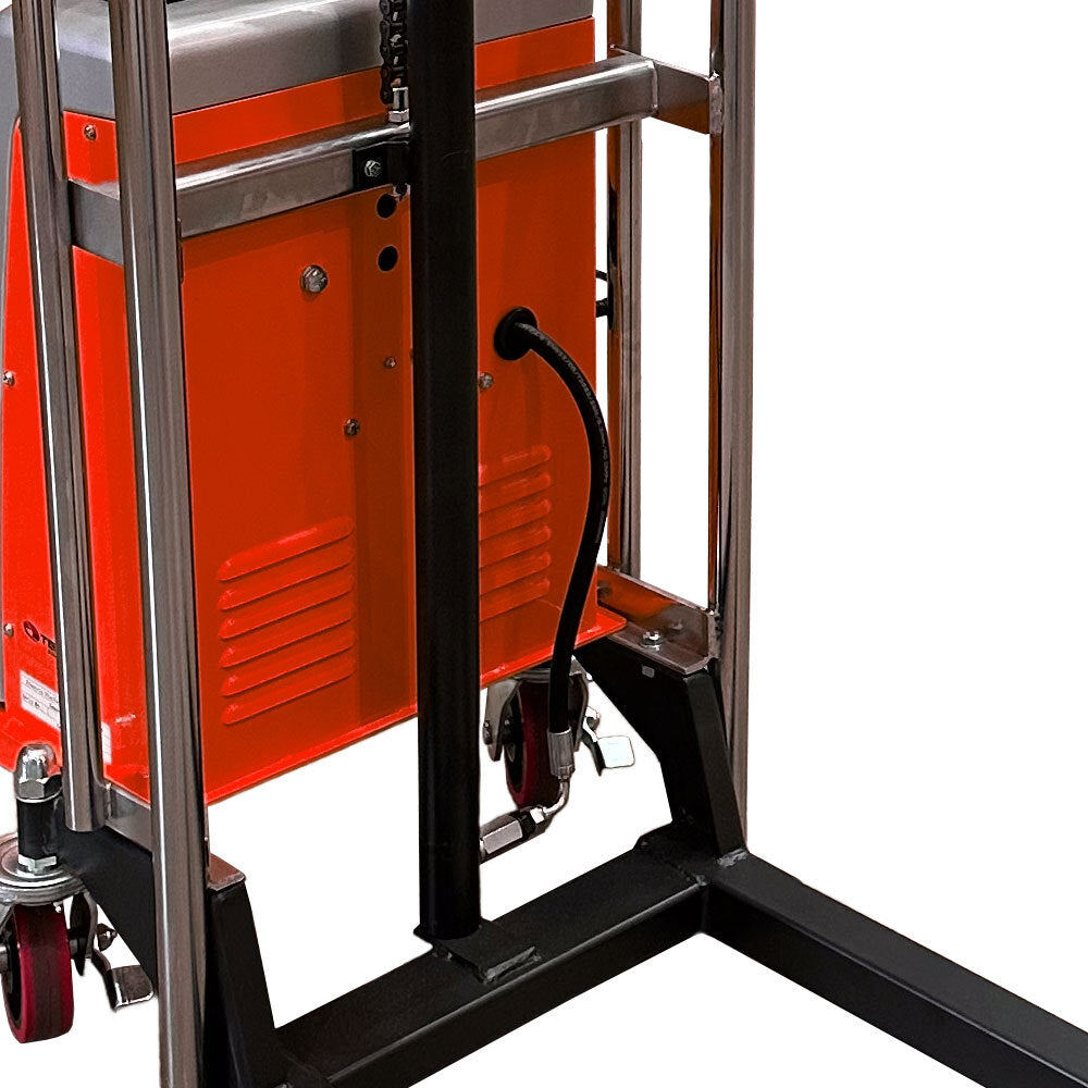 Close-up of a sturdy, industrial lifting machine with an orange control panel, metal frame, and black hydraulic cylinder and hose.