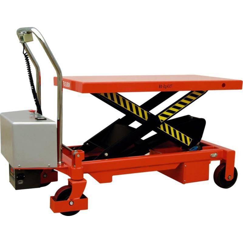 Orange hydraulic scissor lift table with a flat surface, control handle, and black wheels for mobility. Ideal for lifting heavy loads.
