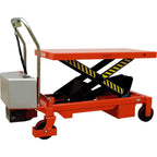 Orange hydraulic scissor lift table with a flat surface, control handle, and black wheels for mobility. Ideal for lifting heavy loads.