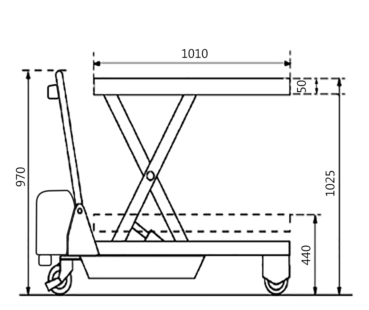 Line drawing of a scissor lift table with labeled dimensions: height 970mm, width 1010mm, and platform thickness 50mm.