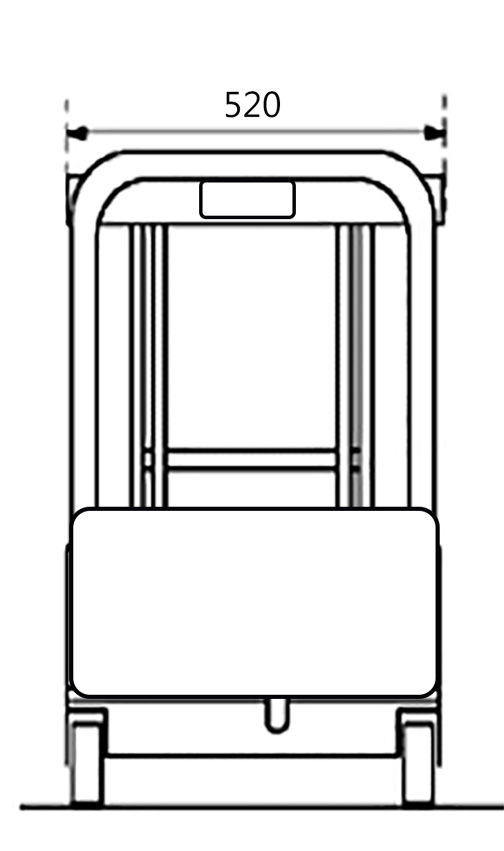 Front view diagram of a electric scissor lift table measuring 520mm wide, featuring a rectangular frame and a solid base.