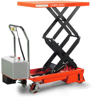 A red and black electric double scissor lift with a silver control box and wheels, designed for lifting heavy loads.