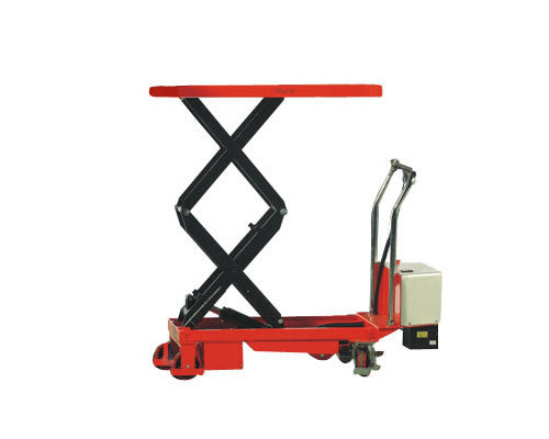 A red double electric scissor lift with a flat platform, designed for lifting heavy loads to various heights, featuring wheels and a handle.