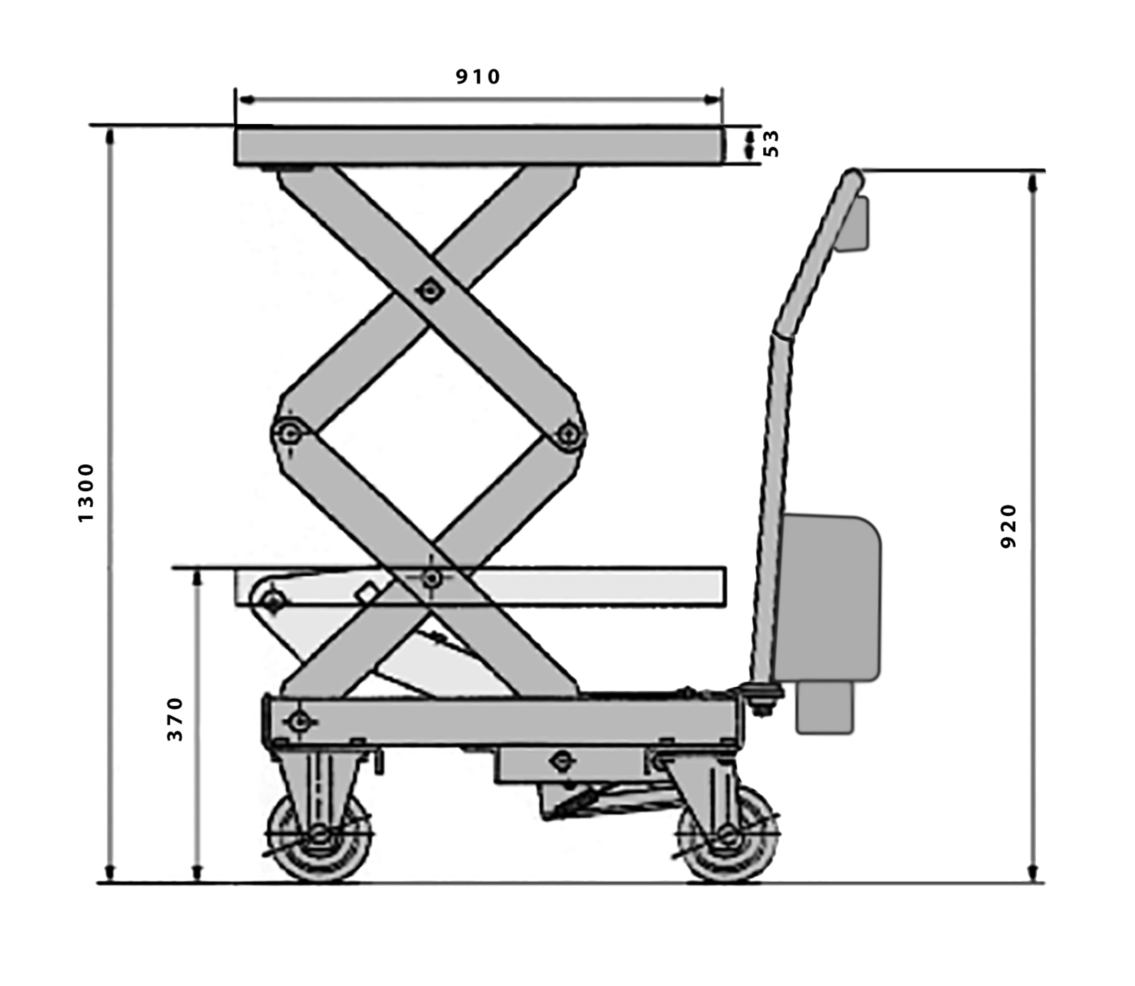 Illustration of a double scissor lift table, side view, with labeled dimensions: 910mm wide, 1300mm tall, and 370mm base height.