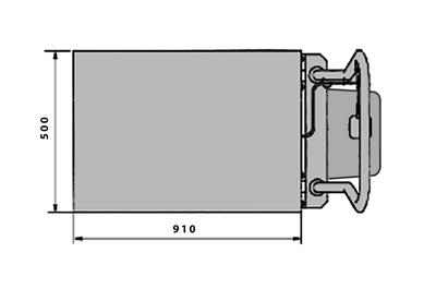 Line drawing of a rectangular electric double scissor lift, measuring 910mm wide and 500mm tall, with a handle on one side.