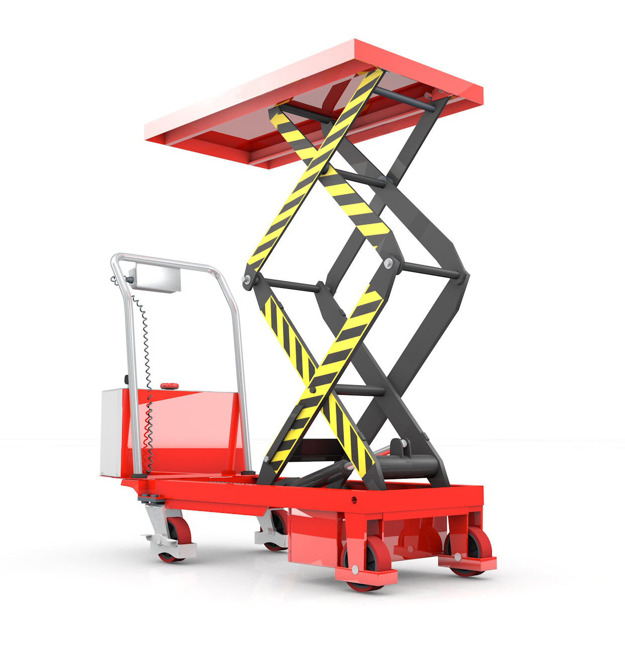 A red electric double scissor lift with yellow caution stripes, featuring a flat work platform and a control panel on a wheeled base.