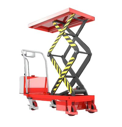 A red electric double scissor lift with yellow caution stripes, featuring a flat work platform and a control panel on a wheeled base.