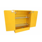 Open yellow storage cabinet featuring two metallic shelves and a lock, ideal for secure storage solutions.