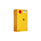 Closed yellow flammable material storage cabinet with warning labels for safety and maximum capacity of 250 liters.