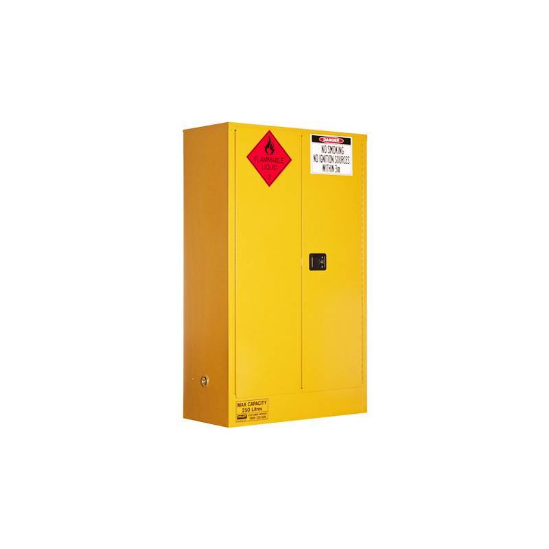 Closed yellow flammable material storage cabinet with warning labels for safety and maximum capacity of 250 liters.