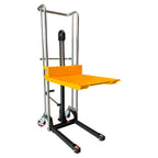 A yellow hydraulic lift cart with a metal frame, adjustable platform, and wheels for easy mobility in a warehouse or workshop setting.