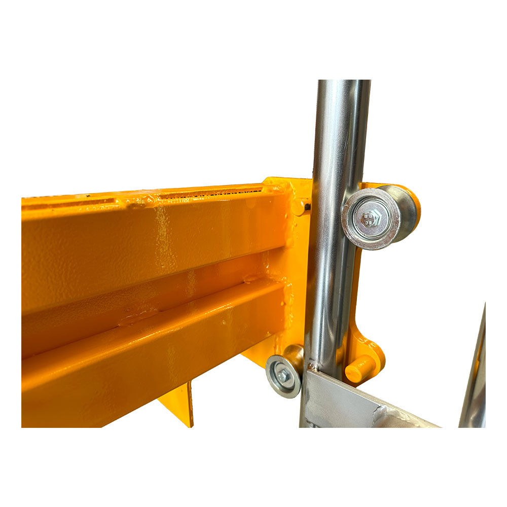 Close-up of a bright yellow metal frame with silver hardware, showcasing detailed connections and welds for structural reinforcement.