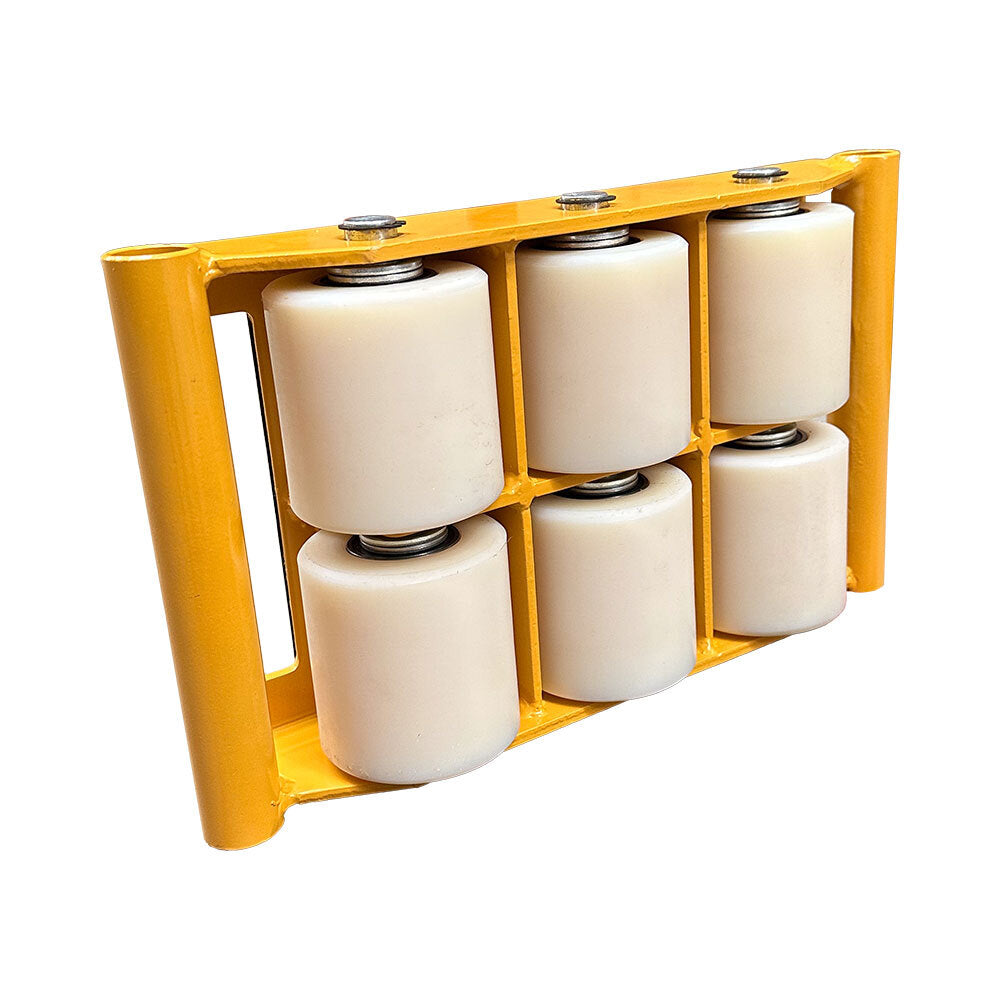 A yellow transport roller block with six white cylindrical rollers, designed for moving heavy objects easily.