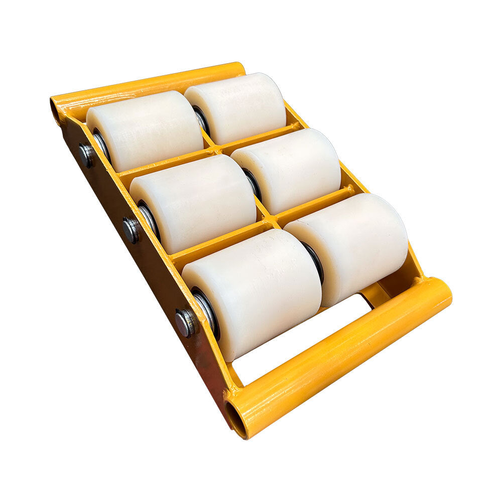 Yellow roller dolly with six white wheels, designed for transporting heavy items easily.