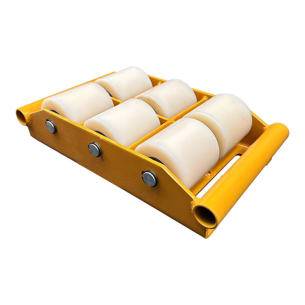A yellow roller dolly featuring six white rollers, designed for easy movement of heavy objects.