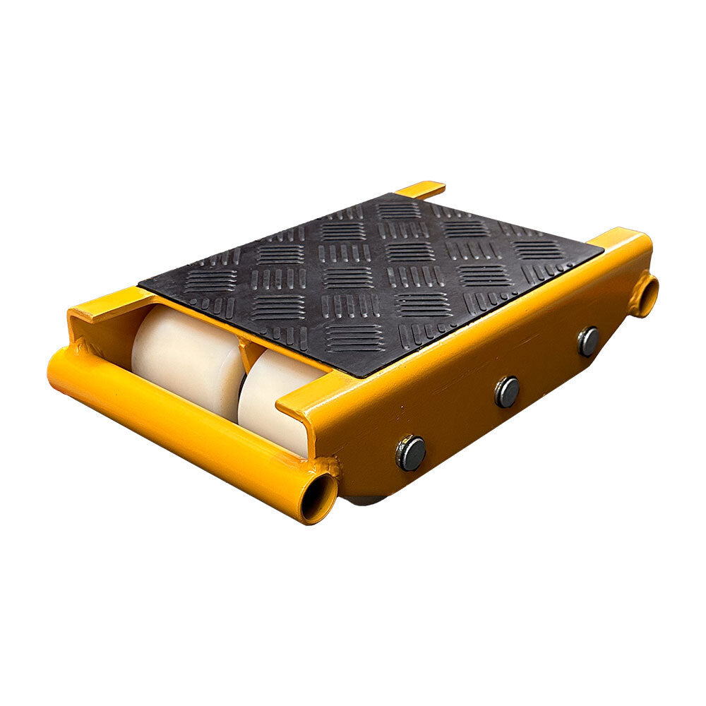 A yellow wheeled dolly skate with a textured rubber top, designed for moving heavy objects easily.