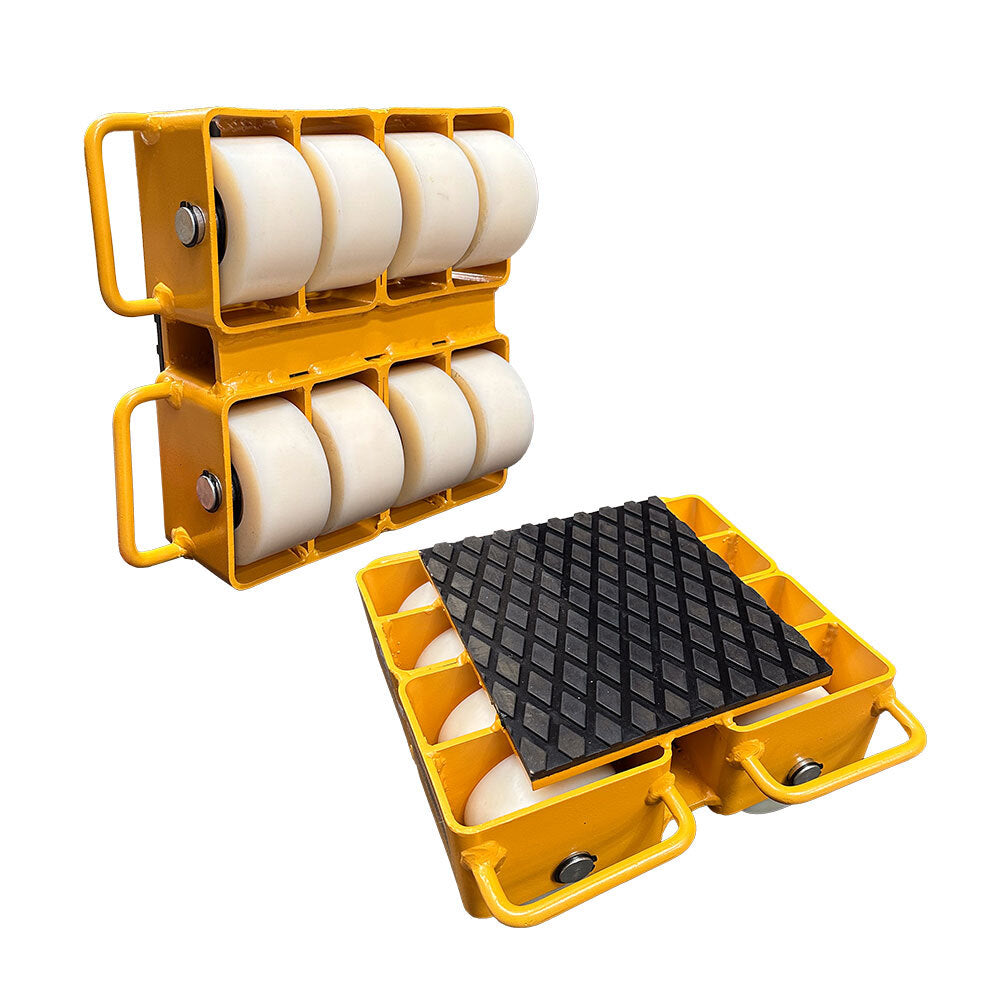 Yellow heavy-duty roller dolly with white wheels, featuring a rubber mat on top, designed for easy transport of heavy items.
