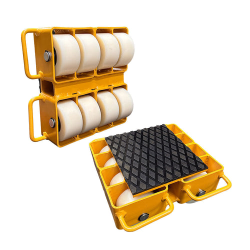 Yellow heavy-duty roller dolly with white wheels, featuring a rubber mat on top, designed for easy transport of heavy items.