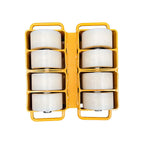 A set of eight clear plastic wheels arranged in a yellow holder, designed for easy transport or movement of heavy objects.