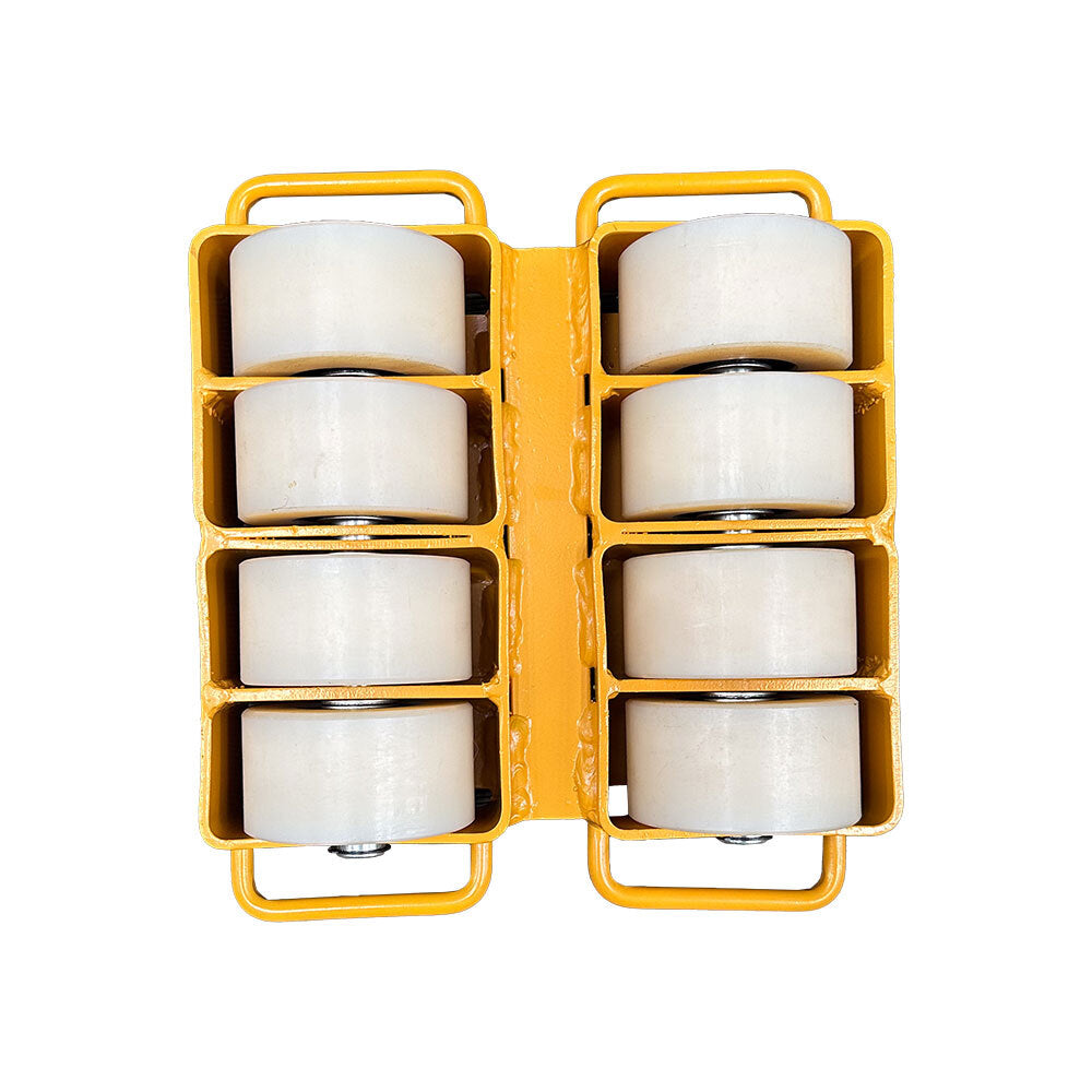 A set of eight clear plastic wheels arranged in a yellow holder, designed for easy transport or movement of heavy objects.