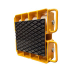 Yellow industrial footplate with black textured surface and metal handles, designed for stability and safety on work sites.