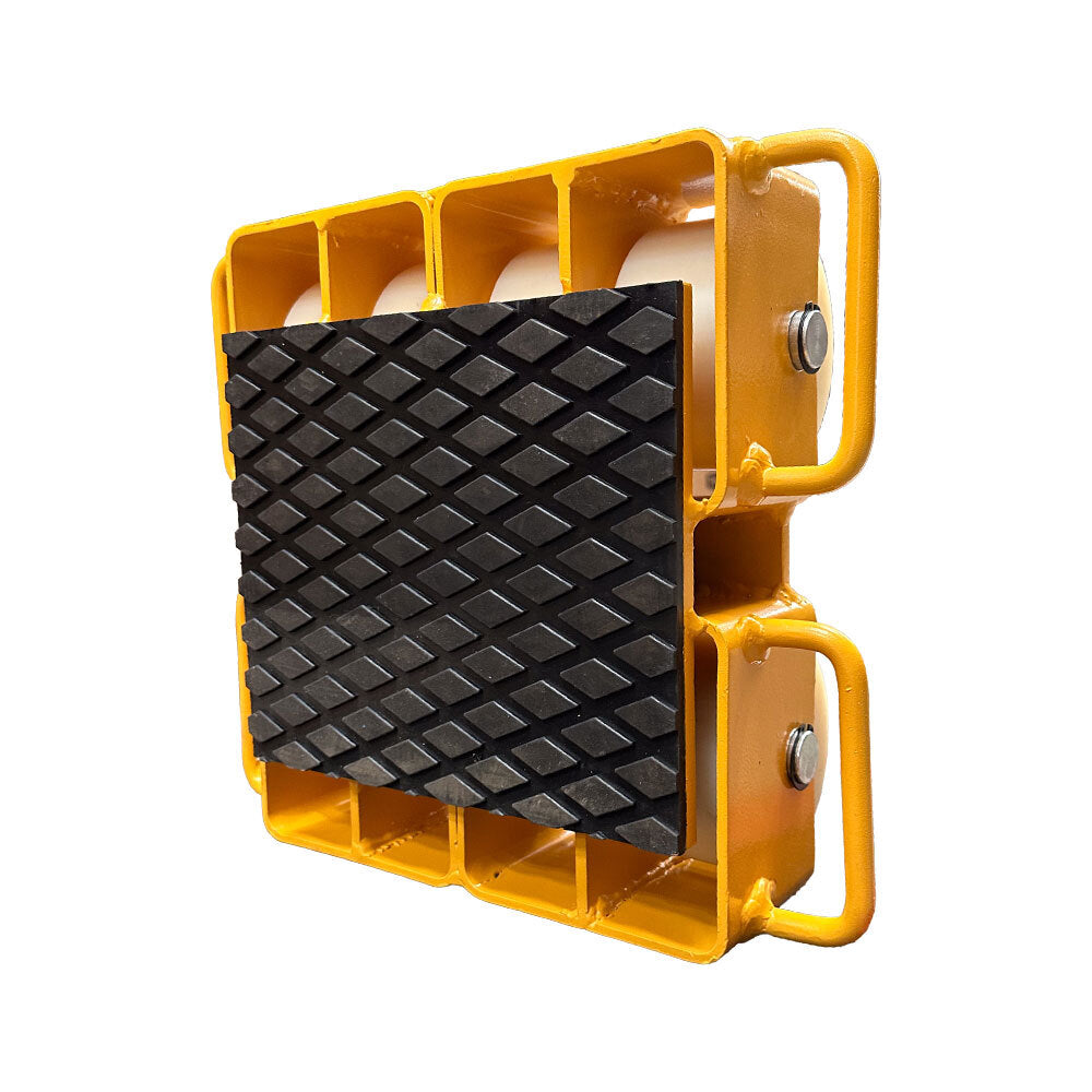 Yellow industrial footplate with black textured surface and metal handles, designed for stability and safety on work sites.