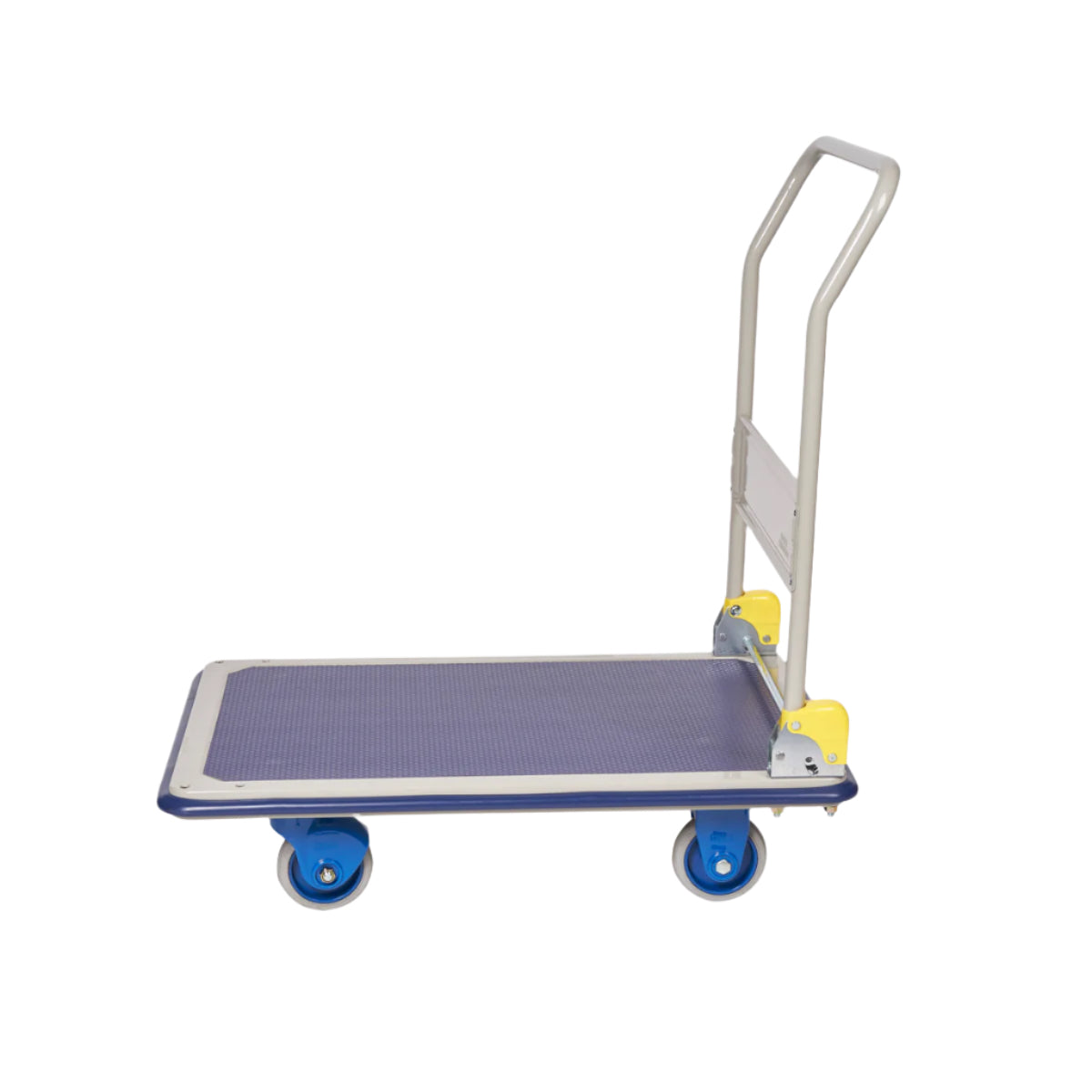 A blue platform cart with a textured surface, sturdy handle, and four wheels, ideal for transporting goods efficiently.