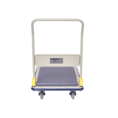 A flatbed trolley with a light-colored frame, blue base, yellow bumpers, and two handles, designed for transporting goods.