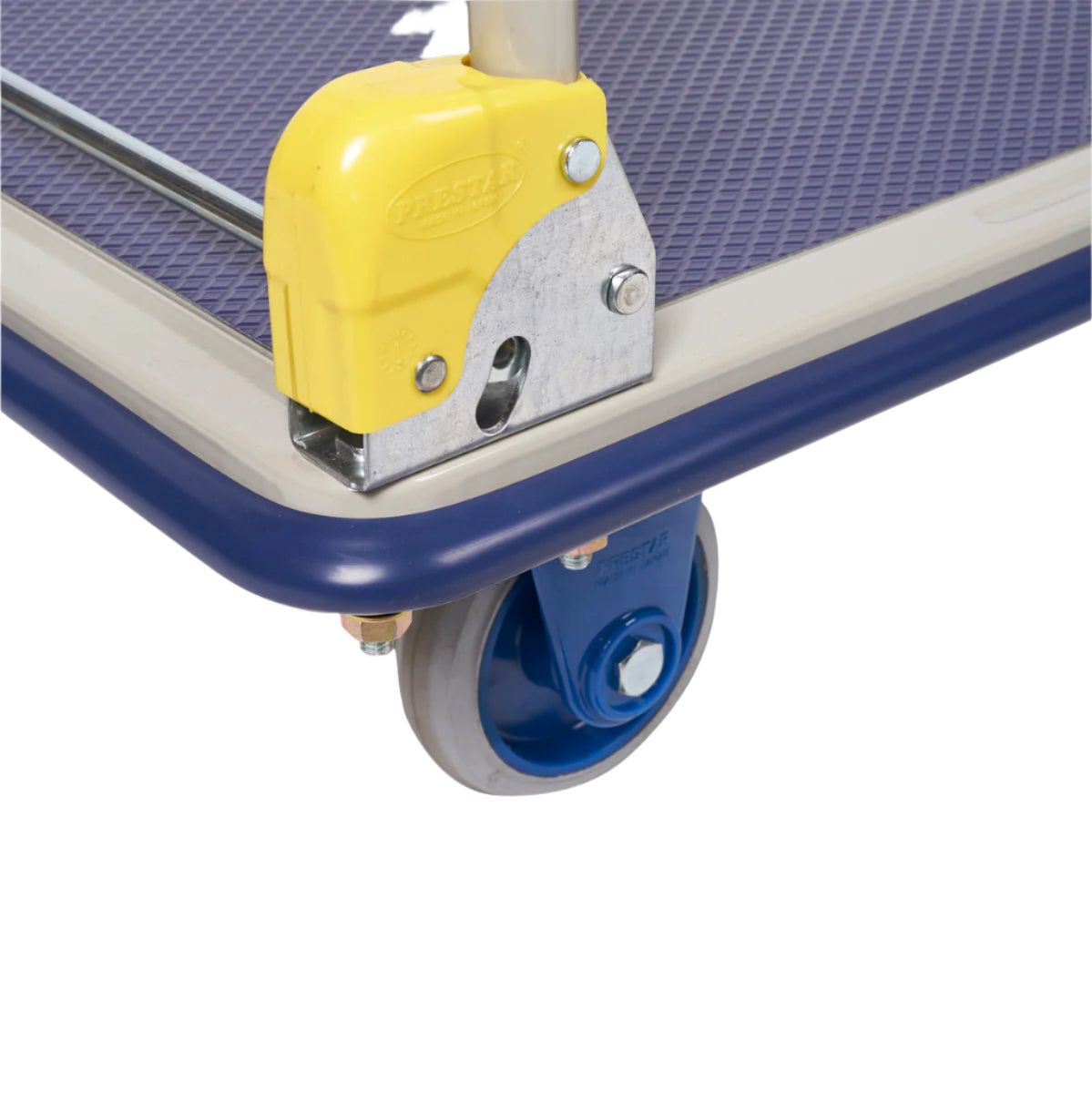 Close-up of a platform trolleys wheel showing the corner, sturdy yellow break, metal components, and a blue wheel designed for durability and stability.