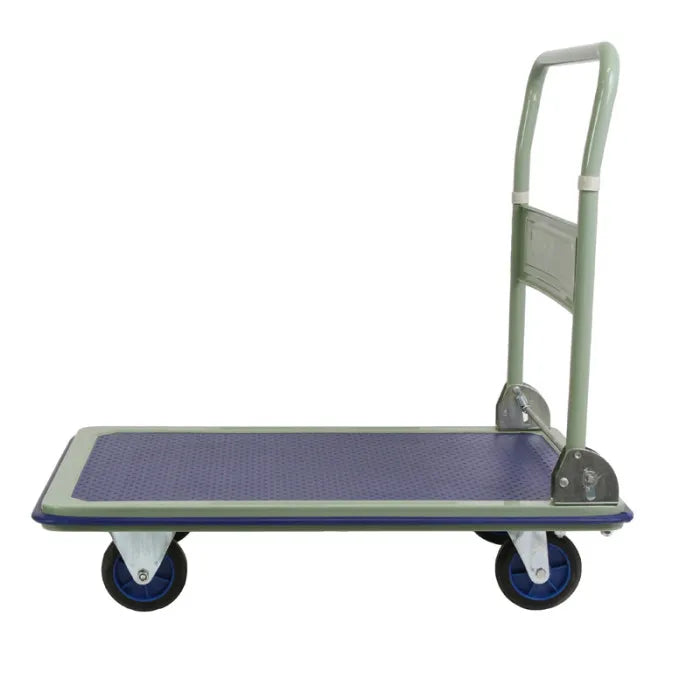 A flat, four wheeled hand trolley with a sturdy blue platform and a white metal frame, designed for transporting heavy items easily.