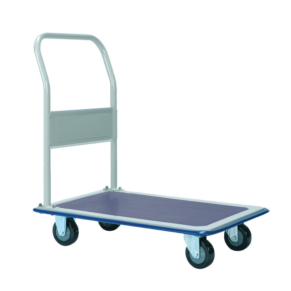 A sturdy, four wheeled platform cart with a handle, featuring a textured surface for secure transport of items.