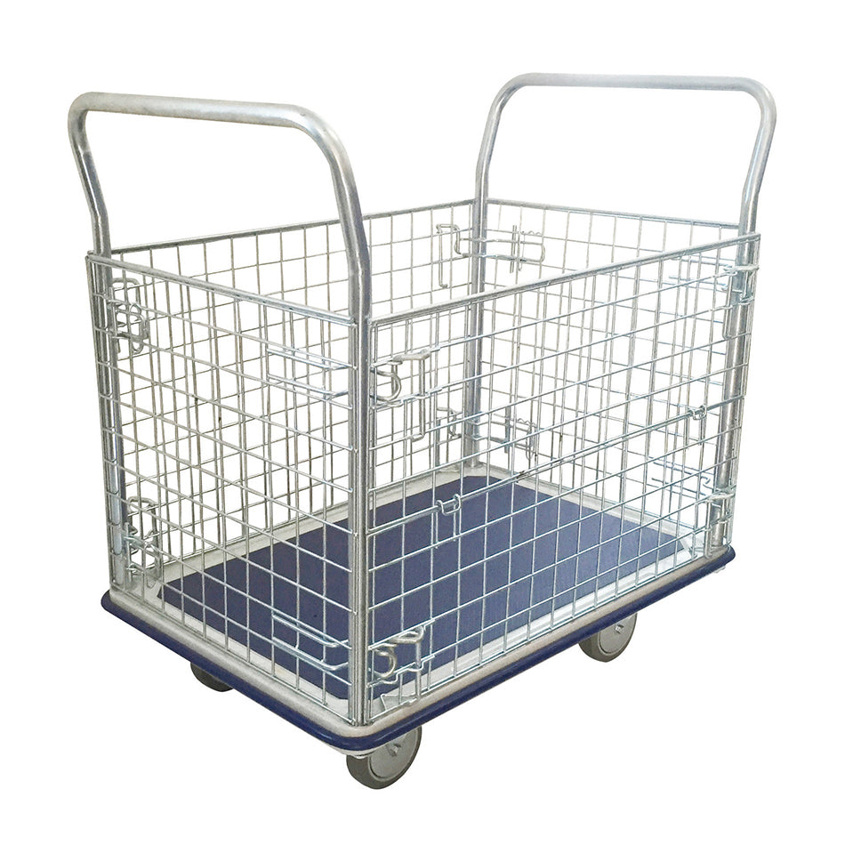A metallic, wire mesh storage trolley with two handles, a blue base, and four wheels for easy transport of items.