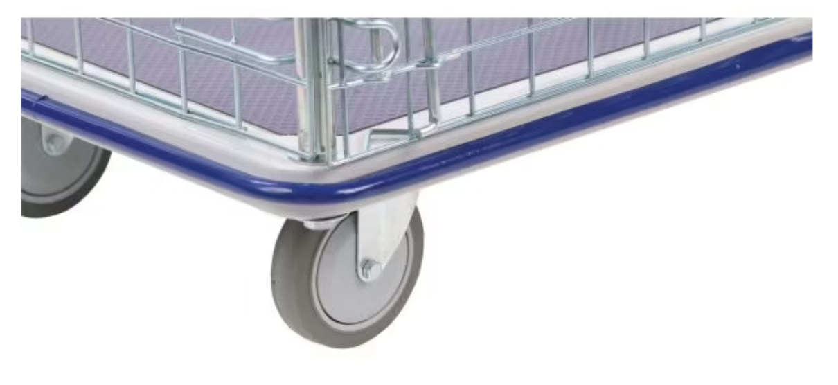 Close-up of a metal trolleys base with gray rubber wheels and a blue edge, showcasing a sturdy, industrial design.