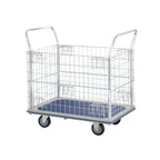 A metal wire storage trolley with two handles and a blue rubber base, mounted on four wheels for easy mobility.