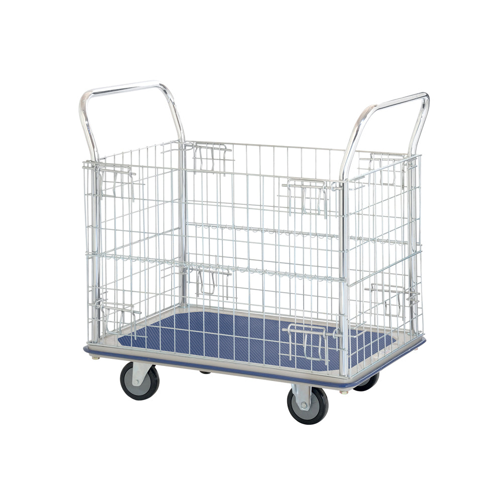 A metal wire storage trolley with two handles and a blue rubber base, mounted on four wheels for easy mobility.