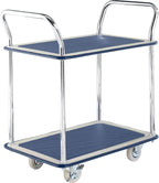 A metallic, two-tier utility cart with blue textured surfaces and chrome handles, featuring four wheels for easy mobility.